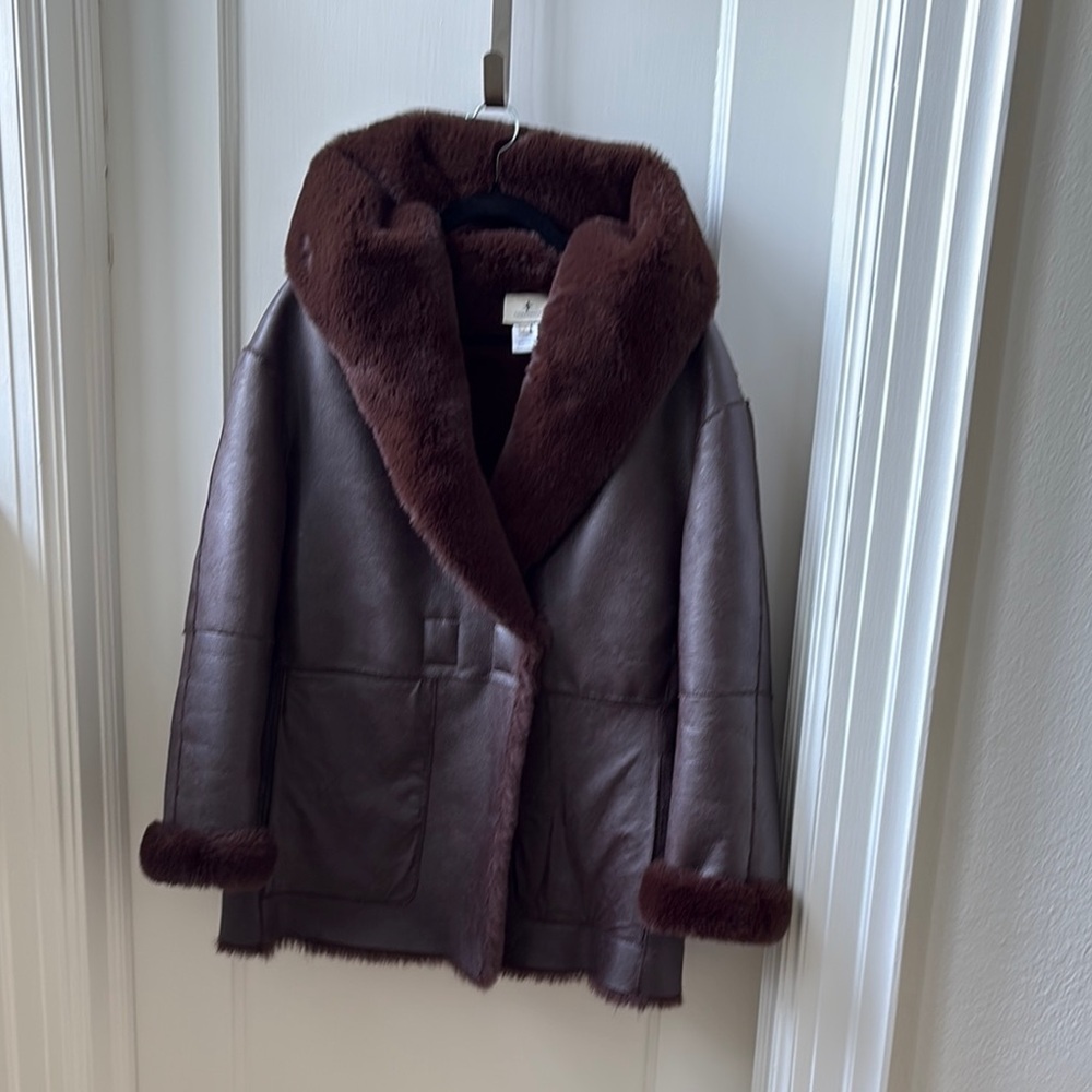 Tuckernuck Brown Faux Leather Jacket with Plush Fur Hood